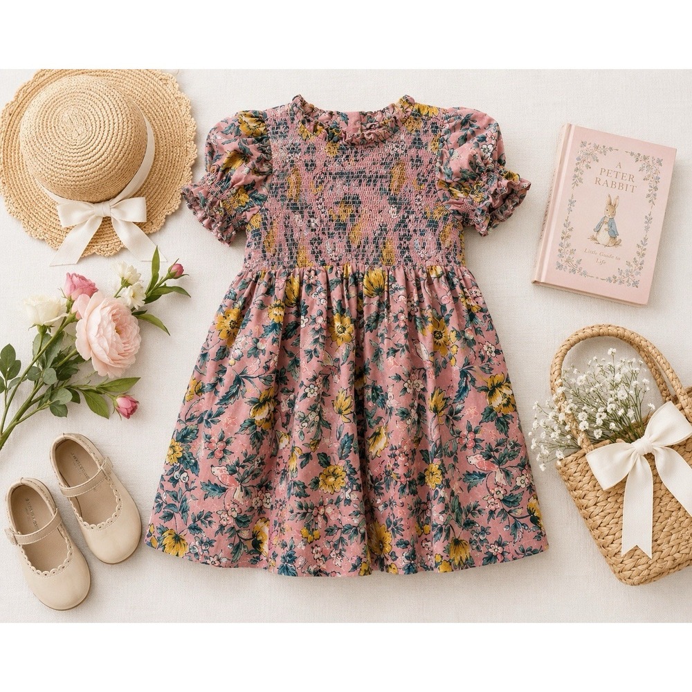 Janie and Jack Hannah Floral Smock Dress Pink Bird Print 18-24months Puff Sleeve